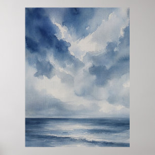 Minimalistische zeegezichtschildering in blauw en poster