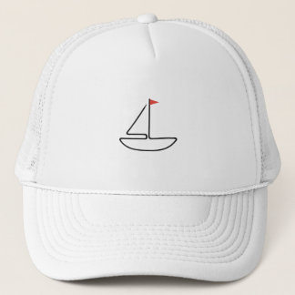 Minimalistische zeilboot éénlijnige kunst met rode trucker pet