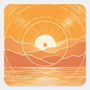 Minimalistische Zen Berg Oceaan Retro Zonsondergan Vierkante Sticker