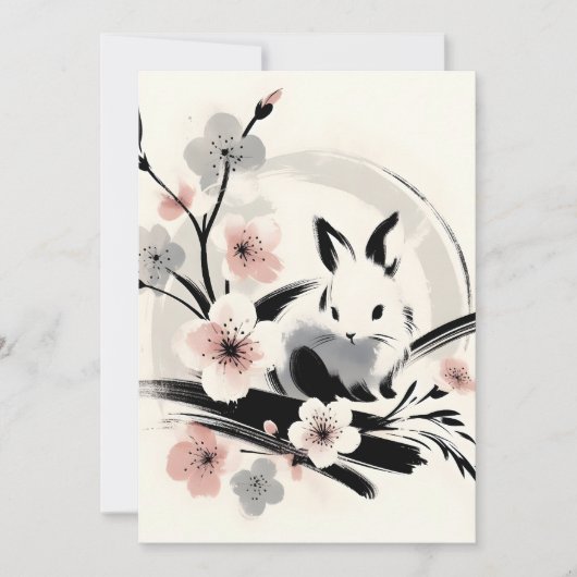 Minimalistische Zen Inkt Konijn Kersenbloesem Aankondiging (Voorkant)