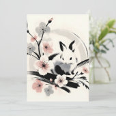 Minimalistische Zen Inkt Konijn Kersenbloesem Aankondiging (Staand voorkant)