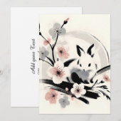 Minimalistische Zen Inkt Konijn Kersenbloesem Aankondiging (Voorkant / Achterkant)