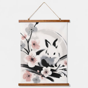 Minimalistische Zen Inkt Konijn Kersenbloesem Hangend Wandkleed