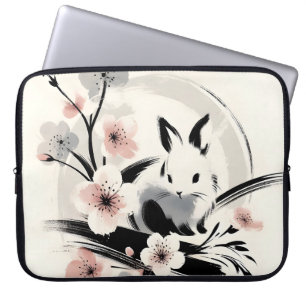 Minimalistische Zen Inkt Konijn Kersenbloesems Laptop Sleeve