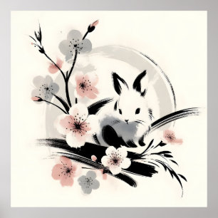 Minimalistische Zen Inkt Konijn Kersenbloesems Poster