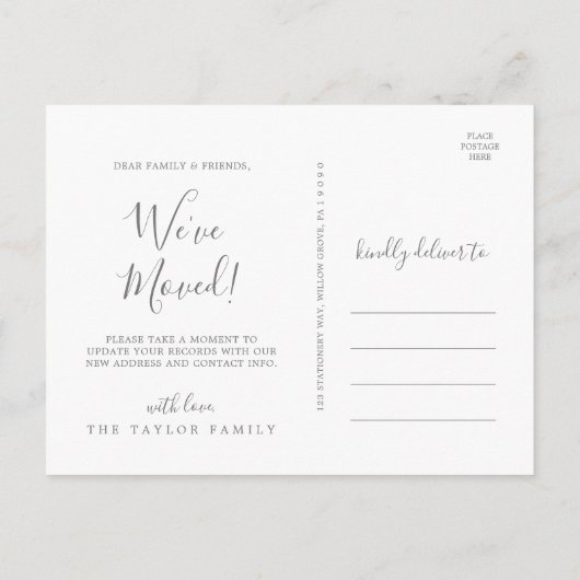 Minimalistische zilver die we hebben verplaatst aankondigingskaart (Achterkant)