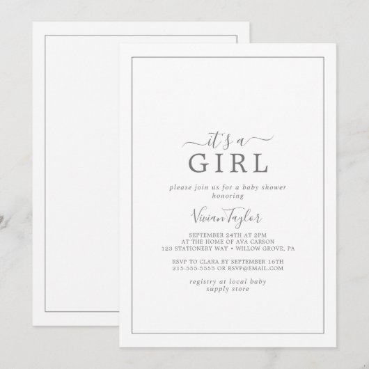 Minimalistische zilver Het is een meisje Baby show Kaart (Voorkant / Achterkant)
