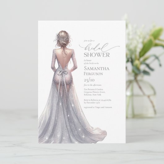 Minimalistische zilveren glitter lux bruidsjurk kaart (Staand voorkant)