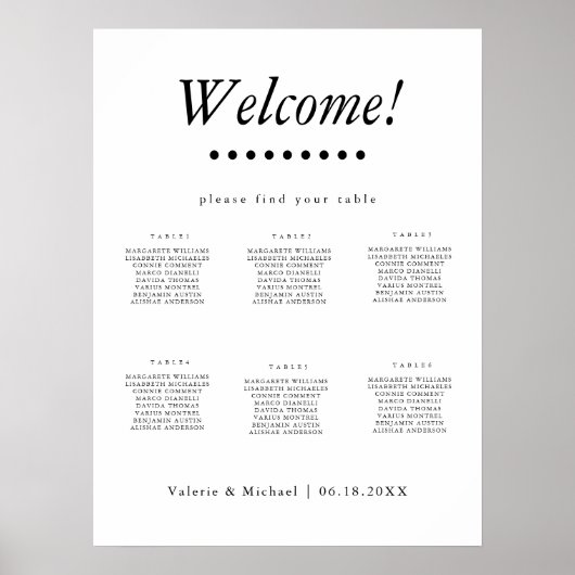 Minimalistische zitplaatsgrafiek voor 6 tafels op poster (Voorkant)