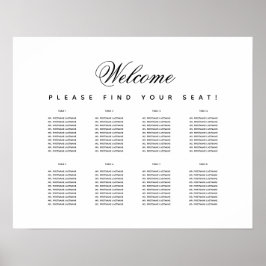 Minimalistische zitplaatskaart met 8 tafels in zwa poster