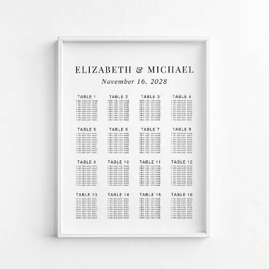 Minimalistische zitplaatskaart voor 16 tafels op e poster