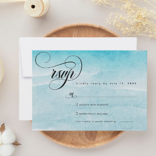 Minimalistische zomer blauwe oceaan strand bruilof RSVP kaartje