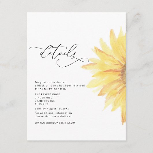 Minimalistische zonnebloem boho bruiloft details informatiekaartje (Voorkant)
