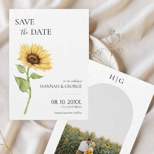Minimalistische zonnebloem foto boog bruiloft save the date