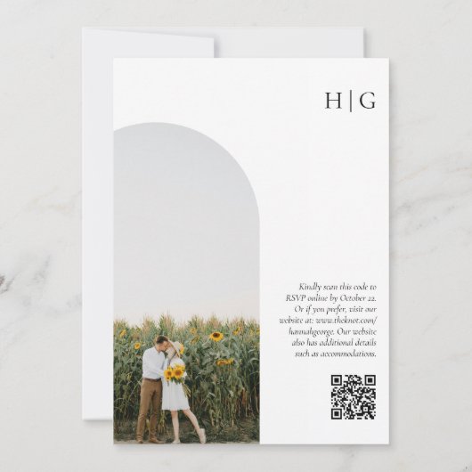 Minimalistische zonnebloem foto boog QR code bruil Kaart (Achterkant)