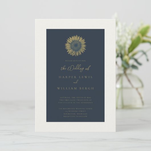 Minimalistische Zonnebloem Marine bruiloft Kaart (Staand voorkant)