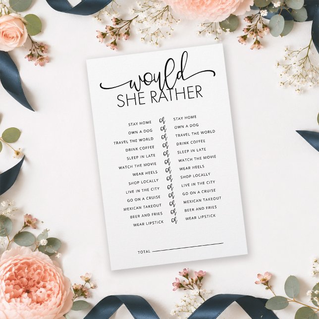 Minimalistische 'Zou Ze Liever' Bruidsfeestspel (Keep your guests laughing & connecting in effortless style with this "Would She Rather" shower game.)