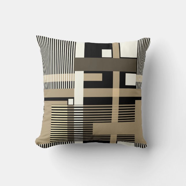 Minimalistische zwart-beige geometrische patchwork kussen (Voorkant)