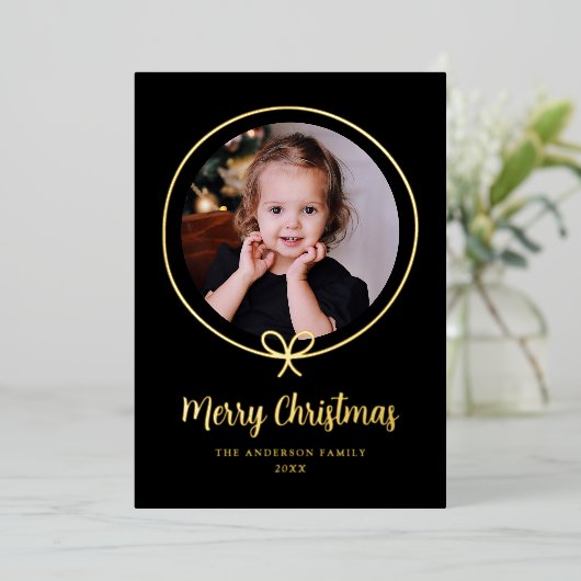 Minimalistische zwart en goud boog lint foto folie feestdagenkaart (Staand Voorkant)