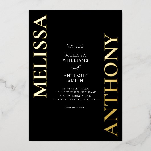 Minimalistische zwart en goud moderne bruiloft folie uitnodiging (Voorkant)
