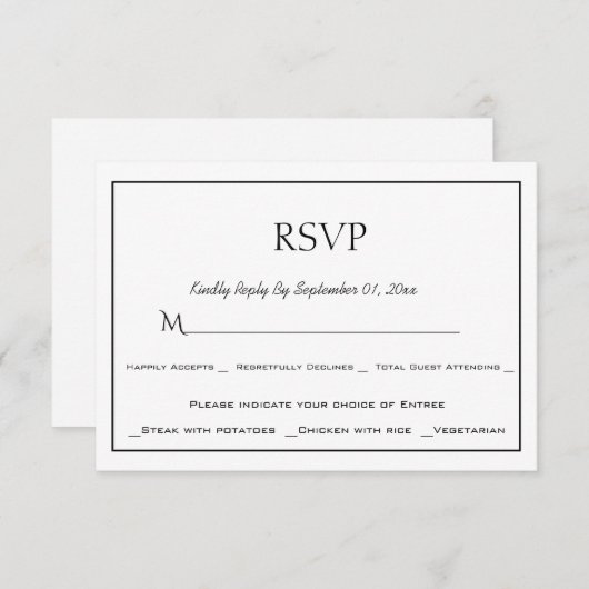 Minimalistische Zwart en Wit Menu Keuze RSVP Kaart (Voorkant / Achterkant)