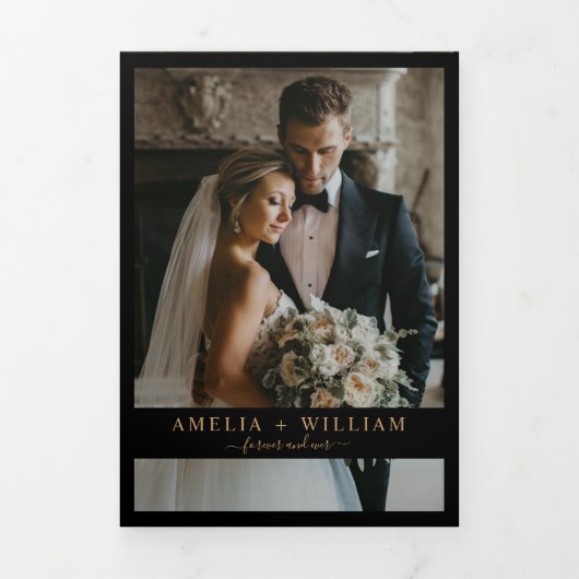 Minimalistische Zwart Goud Foto QR Code RSVP bruil Drieluik Uitnodiging (Cover)