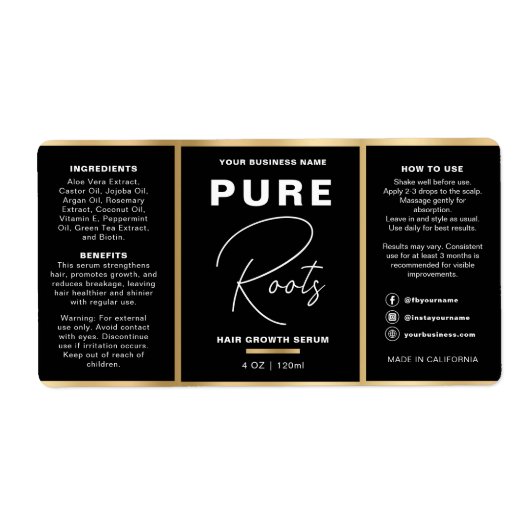 Minimalistische Zwart & Goud Hair Oil Dropper Fles Etiket (Voorkant)