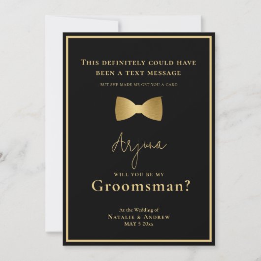 Minimalistische Zwart & Goud Tuxedo Funny Groomsma Kaart (Voorkant)