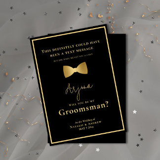 Minimalistische Zwart & Goud Tuxedo Funny Groomsma Kaart