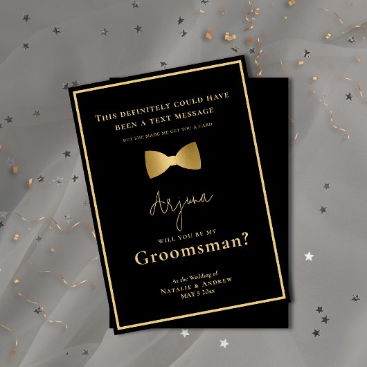Minimalistische Zwart & Goud Tuxedo Funny Groomsma Kaart