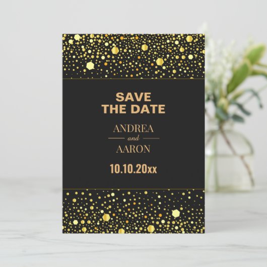 Minimalistische Zwart Grijs Gouden Glitter Stippen Save The Date (Staand voorkant)