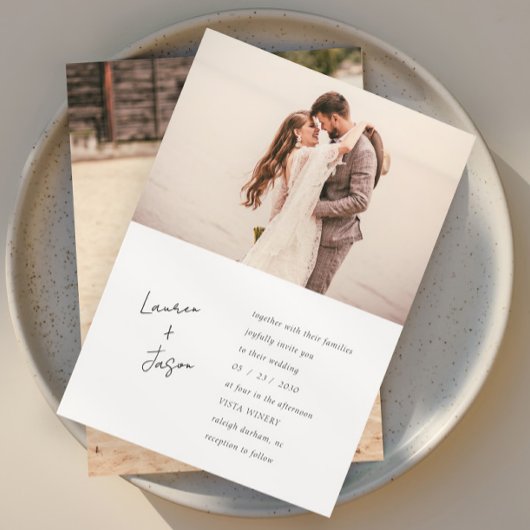 Minimalistische zwart-wit 2 foto bruiloft kaart