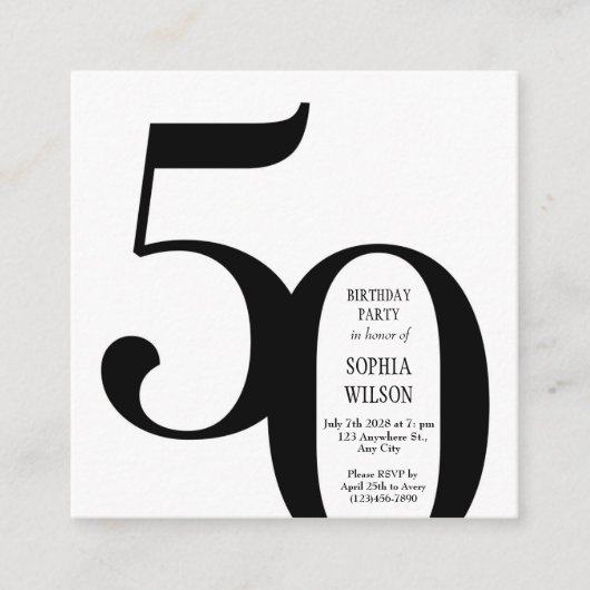 Minimalistische zwart-wit 50e verjaardag uitnodigi informatiekaartje (Voorkant)