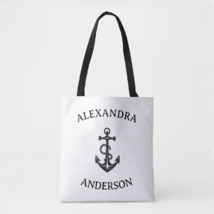 Minimalistische Zwart-Wit Anker Aangepaste Naam Tote Bag