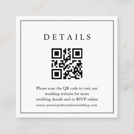 Minimalistische zwart-wit blad bruiloft details informatiekaartje (Voorkant)