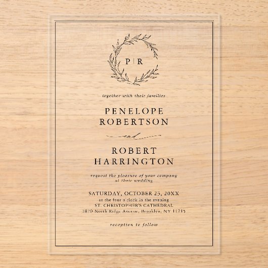 Minimalistische zwart-wit blad moderne bruiloft acryl uitnodigingen (Voorkant)