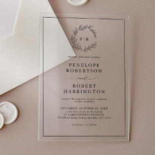 Minimalistische zwart-wit blad moderne bruiloft acryl uitnodigingen