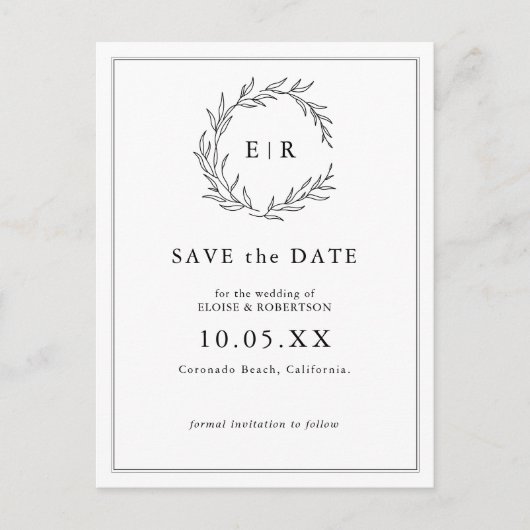 Minimalistische zwart-wit blad moderne bruiloft briefkaart (Voorkant)