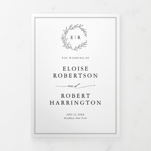 Minimalistische zwart-wit blad moderne bruiloft drieluik aankondiging (Cover)