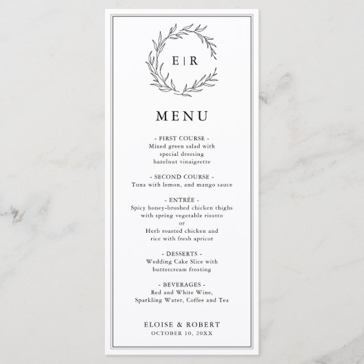 Minimalistische zwart-wit blad moderne bruiloft menu (Voorkant)