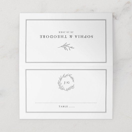 Minimalistische zwart-wit blad moderne bruiloft plaatskaartje (Buitenkant ongevouwen)