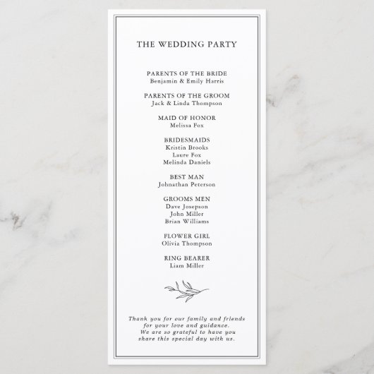 Minimalistische zwart-wit blad moderne bruiloft programmakaart (Achterkant)