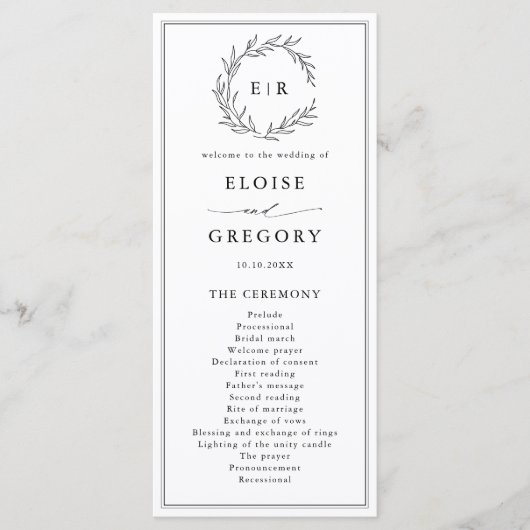 Minimalistische zwart-wit blad moderne bruiloft programmakaart (Voorkant)