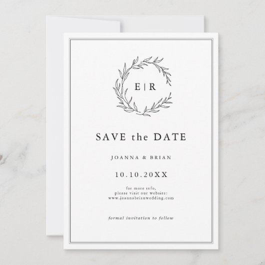 Minimalistische zwart-wit blad moderne bruiloft save the date (Voorkant)