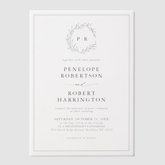 Minimalistische zwart-wit blad moderne bruiloft vellum uitnodigingen (Voorkant)