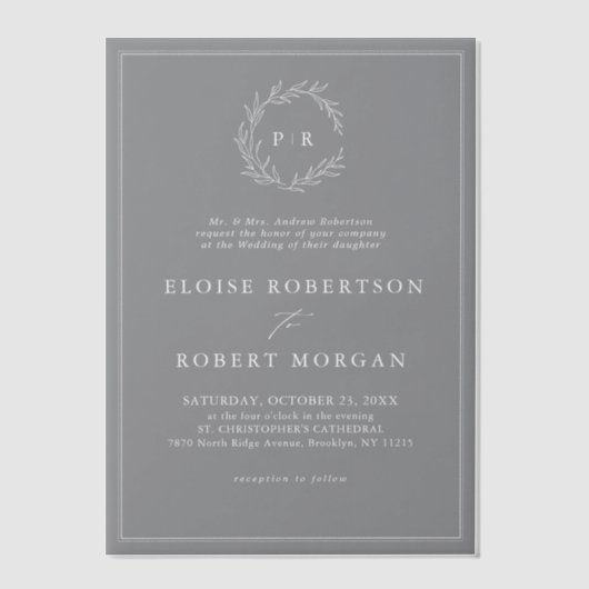 Minimalistische zwart-wit blad moderne bruiloft vellum uitnodigingen (Voorkant)