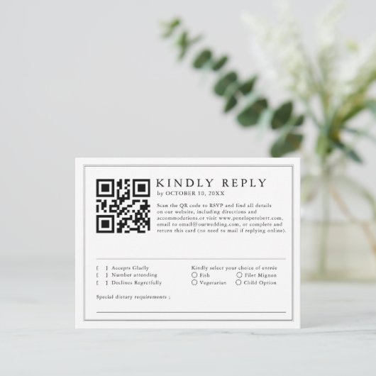 Minimalistische zwart-wit blad moderne QR-code RSV Briefkaart (Staand voorkant)