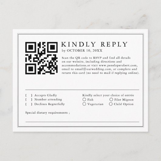 Minimalistische zwart-wit blad moderne QR-code RSV Briefkaart (Voorkant)