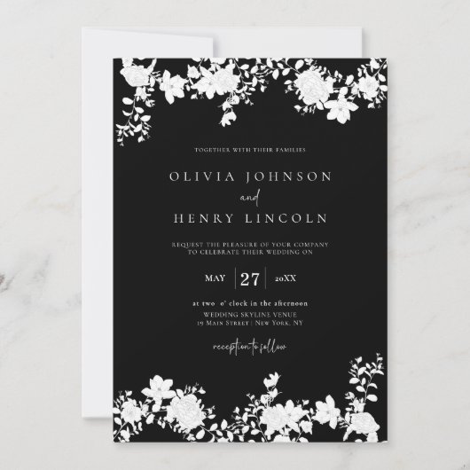Minimalistische zwart-wit bloemen bruiloft foto kaart (Voorkant)