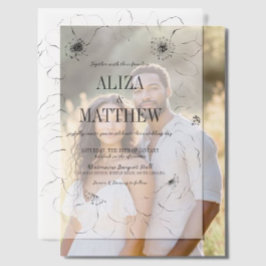 Minimalistische zwart-wit bloemen bruiloft overlay vellum uitnodigingen